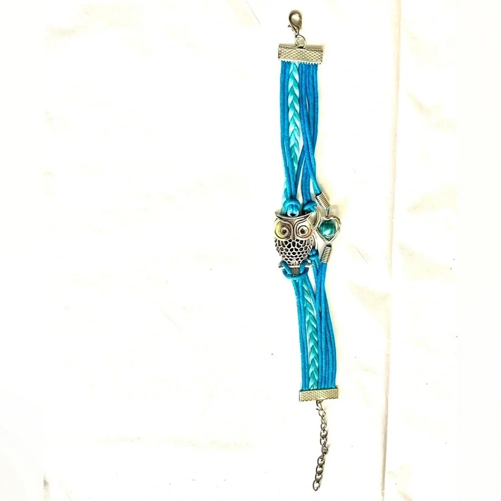 New! Pretty Blue Silver Multilayer Owl Infinity Five Layered Leather Bracelet